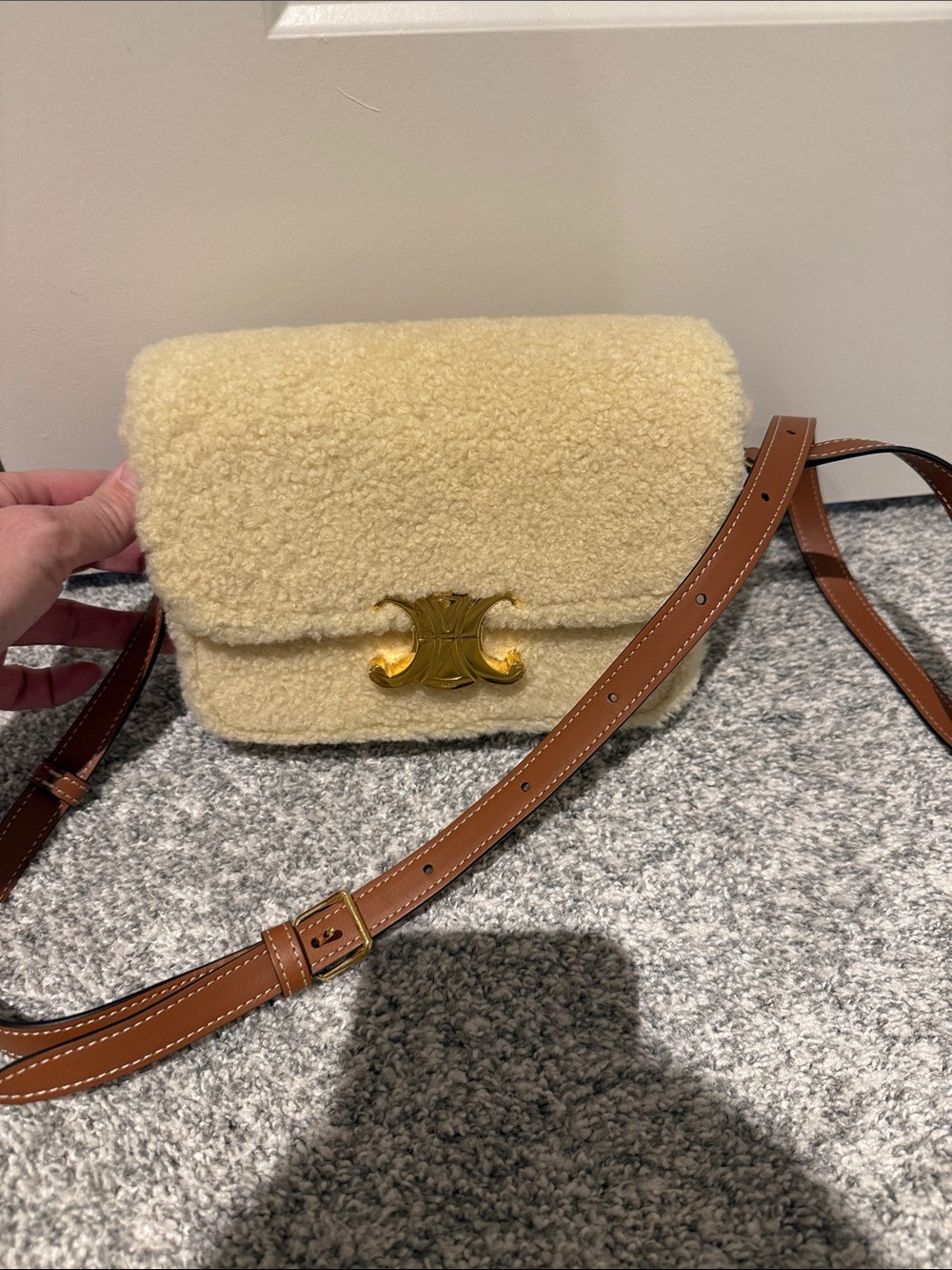 Celine Triomphe Shearling Shoulder Crossbody Bag Cream Tan Gold